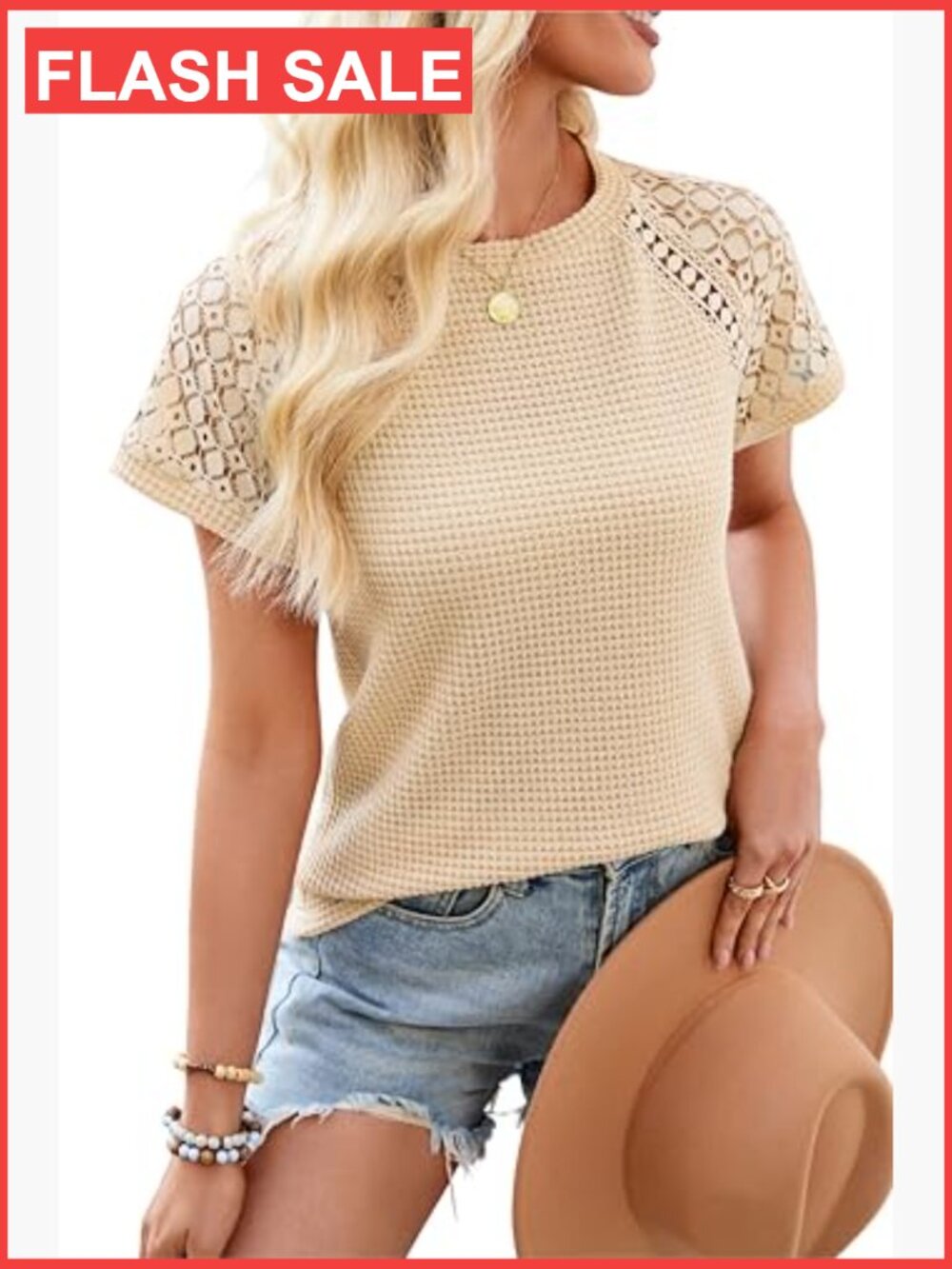 Waffle Knit Short Sleeve Crewneck Lace T-Shirt Blouse Top - Picture 2 of 7